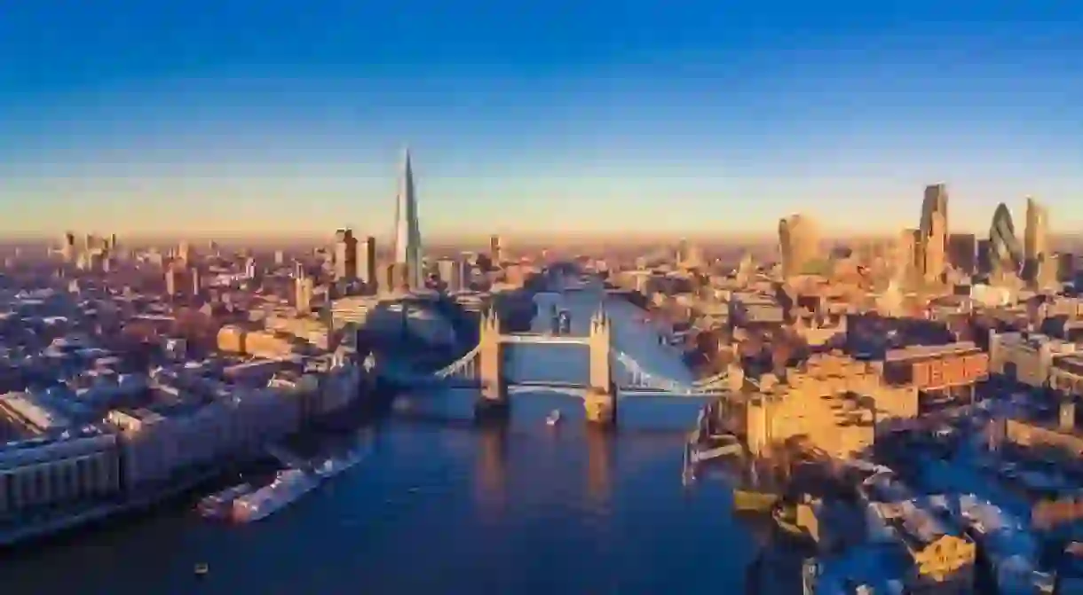 Aerial panoramic cityscape view of London and the River Thames, England, United Kingdom