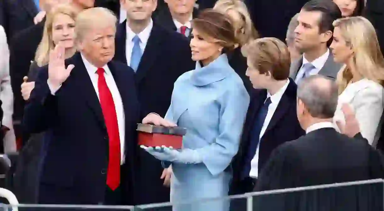 Donald Trump being sworn in before his inauguration speech