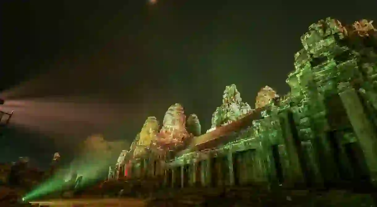 Bayon Temple is lit up at night as part of Khmer New Year Celebrations