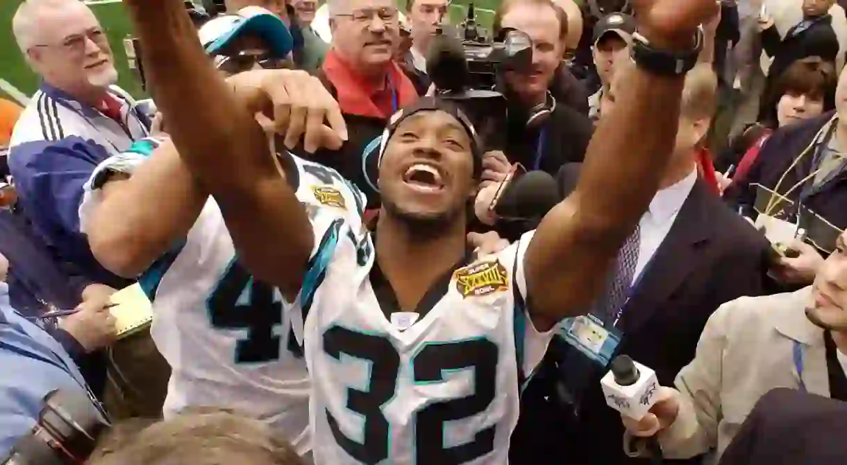 Rod Smart used his time in the XFL to make it to the NFL. Shown above at Super Bowl XXXVIII media day