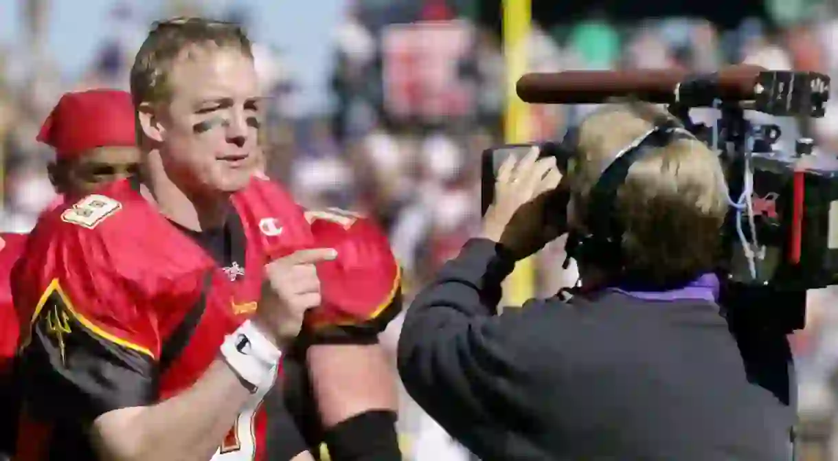 San Francisco Demons quarterback Mike Pawlawski giving a mid-game interview