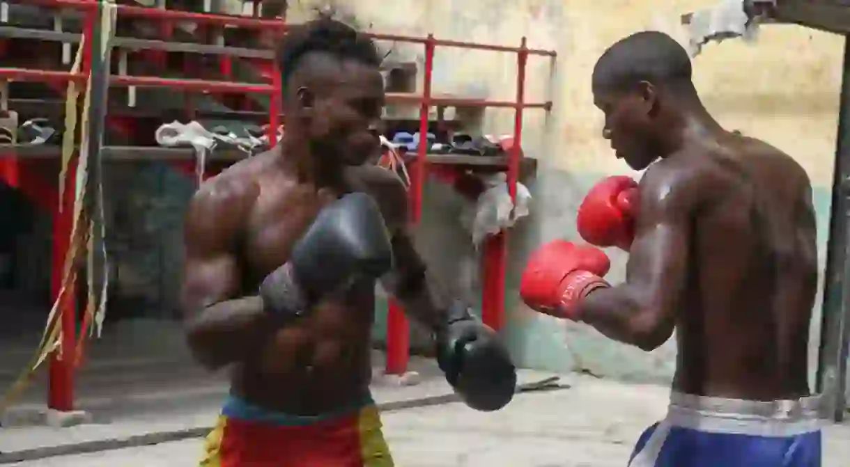 Boxers spar at the open-air Rafael Trejo Boxing Gym in Old Havana, Cuba