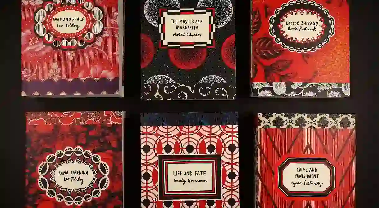 The six colorful new Vintage editions of Russian classics, made from Russian textiles, set in Russian textiles.