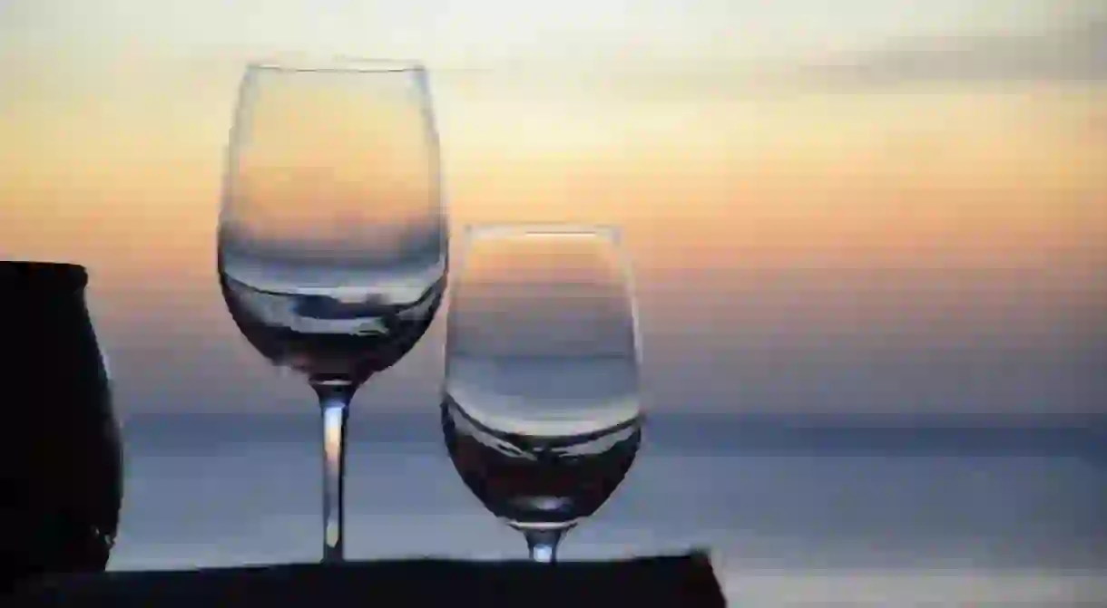 Wine glasses at sunset