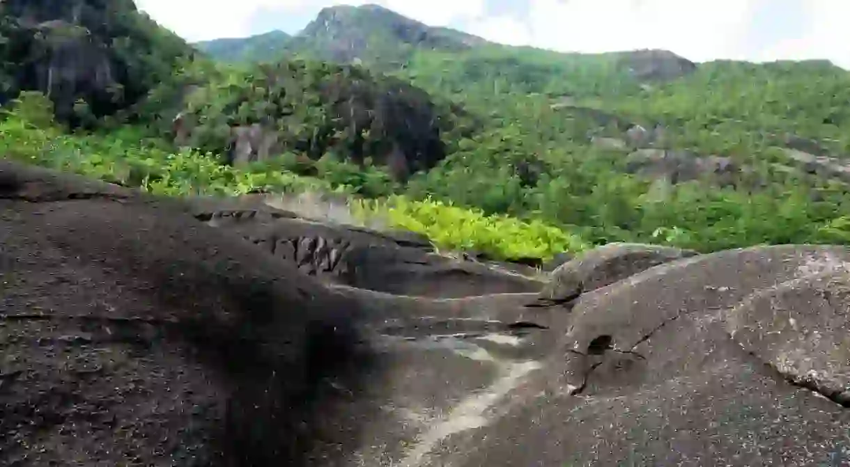 Weathered granite outcrops such as these by the trail to Anse Major on Mahe Island are a characteristic feature of Seychelles.