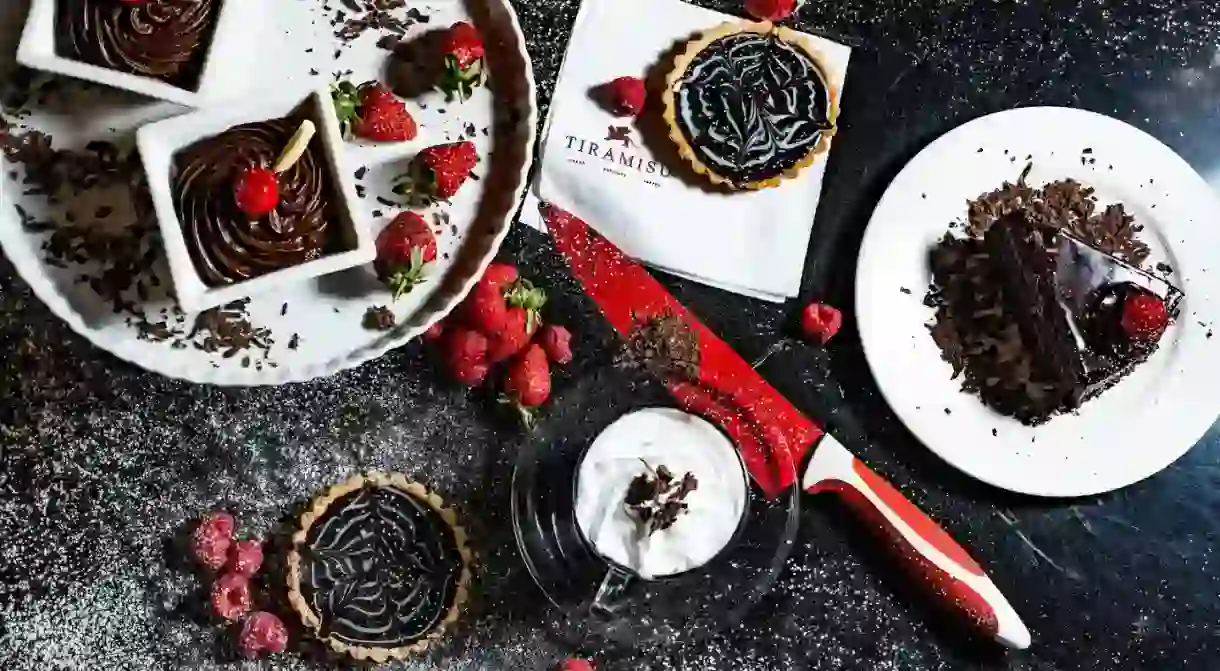 Chocolate fudge cake and strawberries