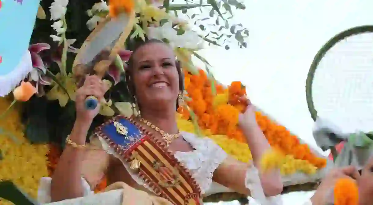 The Fallas Queen taking part in the Battle of the Flowers. Photo courtesy of Valencia Tourism