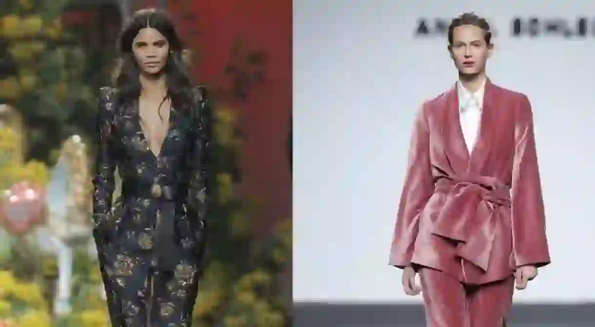 Jump on the AW17/18 Madrid runway trends, like floral patterns from Jorge Vazquez (left) or belted velvet menswearfrom Angel Schlesser (right)