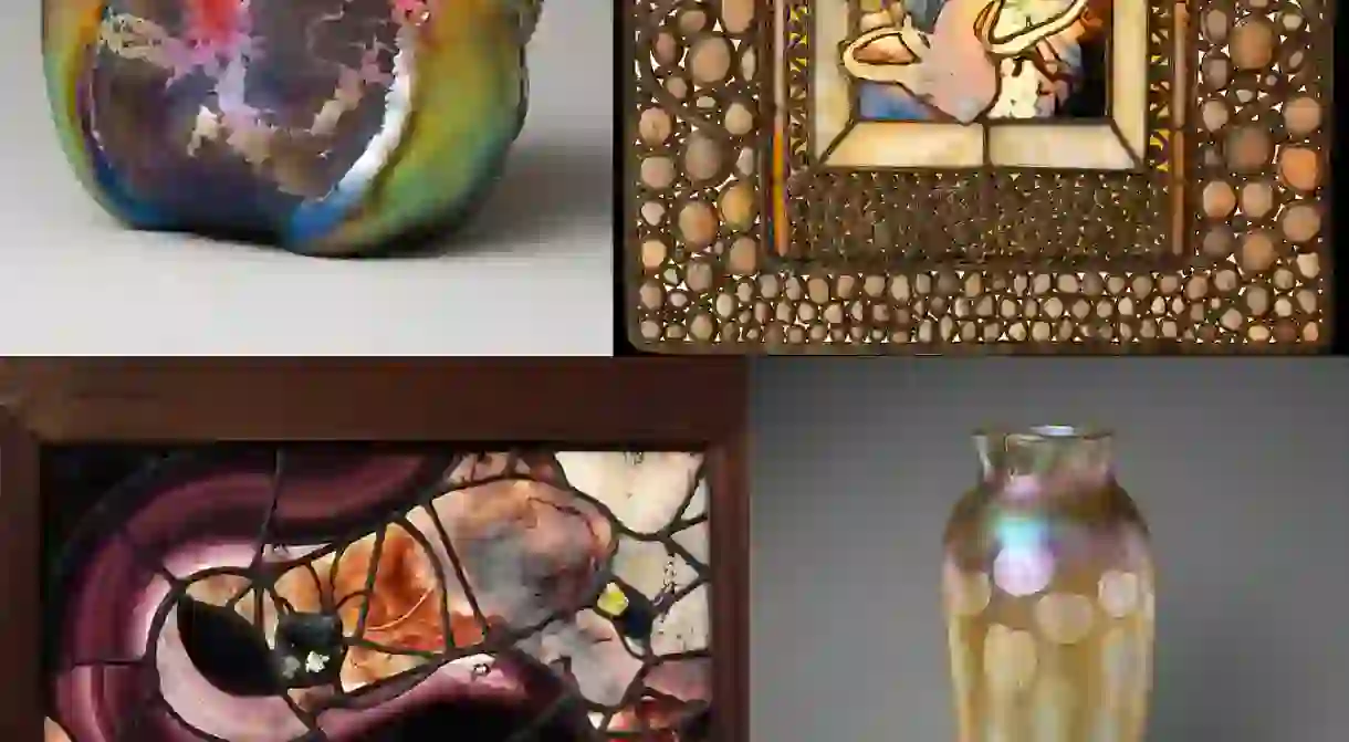 Louis Comfort Tiffany bowls, squash windows, and vase ca. early 1900s