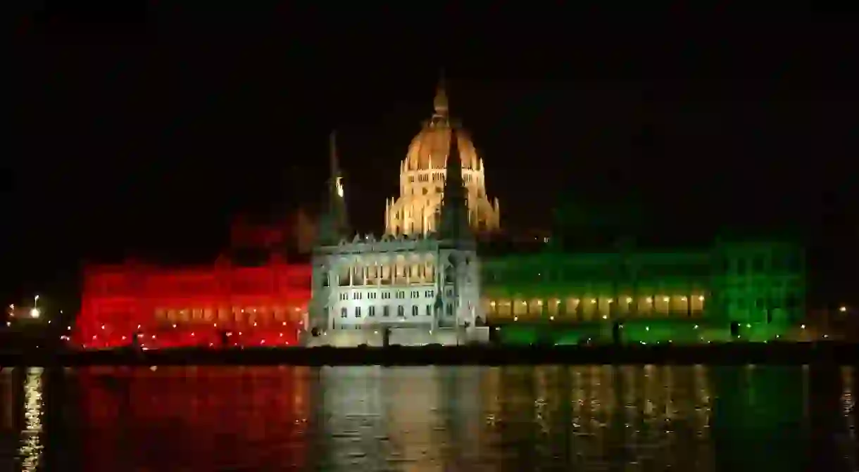 Hungarian Parliament lit up in national colours