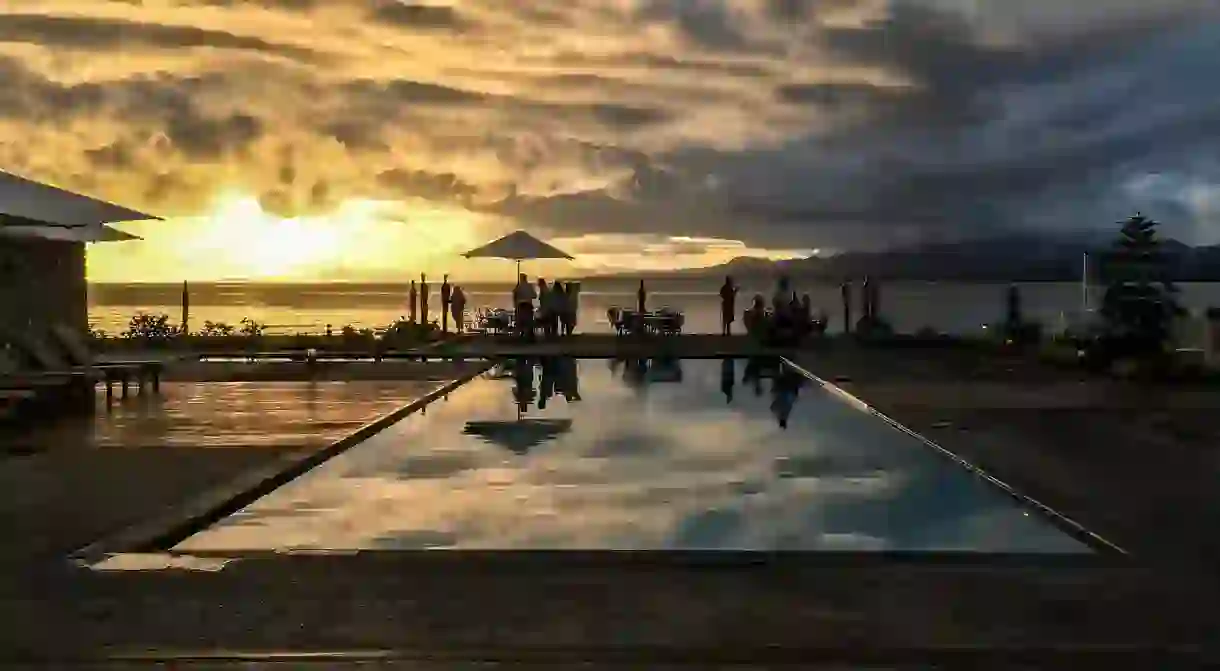 The pool deck and view to Suva Harbour from the Grand Pacific Hotel