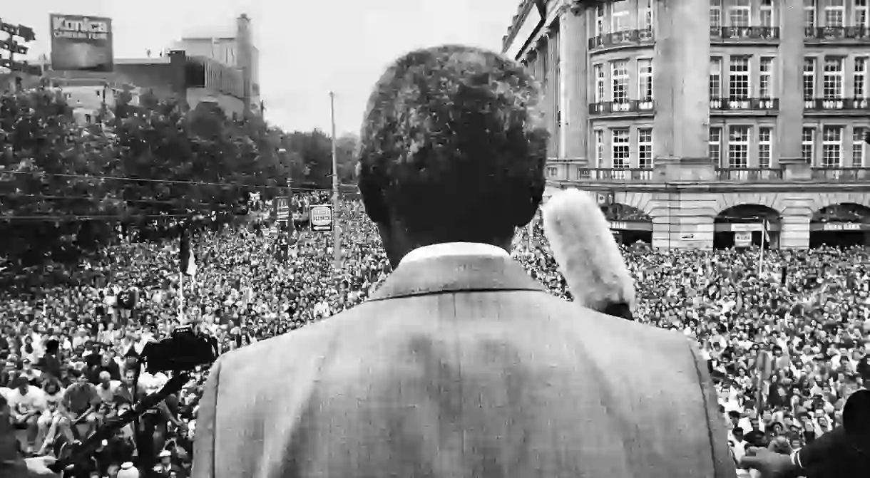 Nelson Mandela during his welcome on Amsterdams Leidseplein, June 16, 1990.