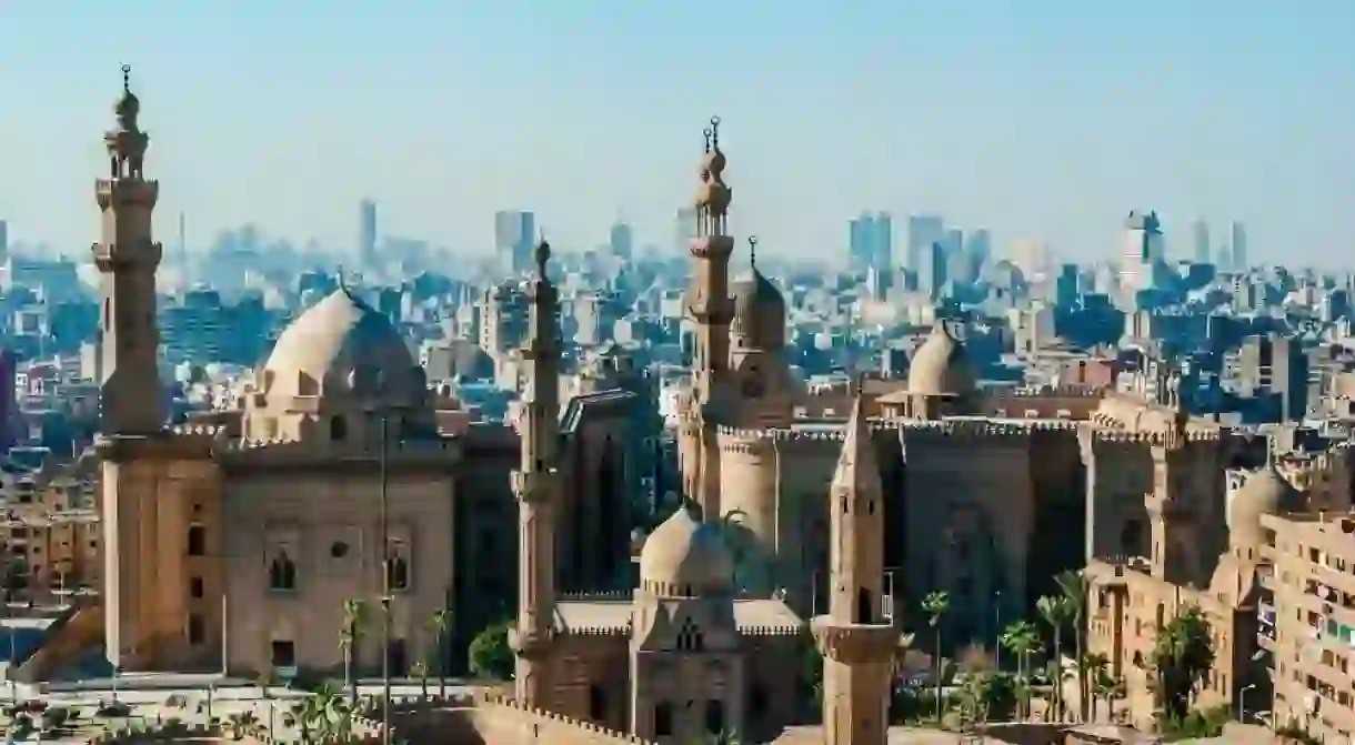 Mosque Madrassa of Sultan Hassan photo, panoramic view from fortress in Cairo