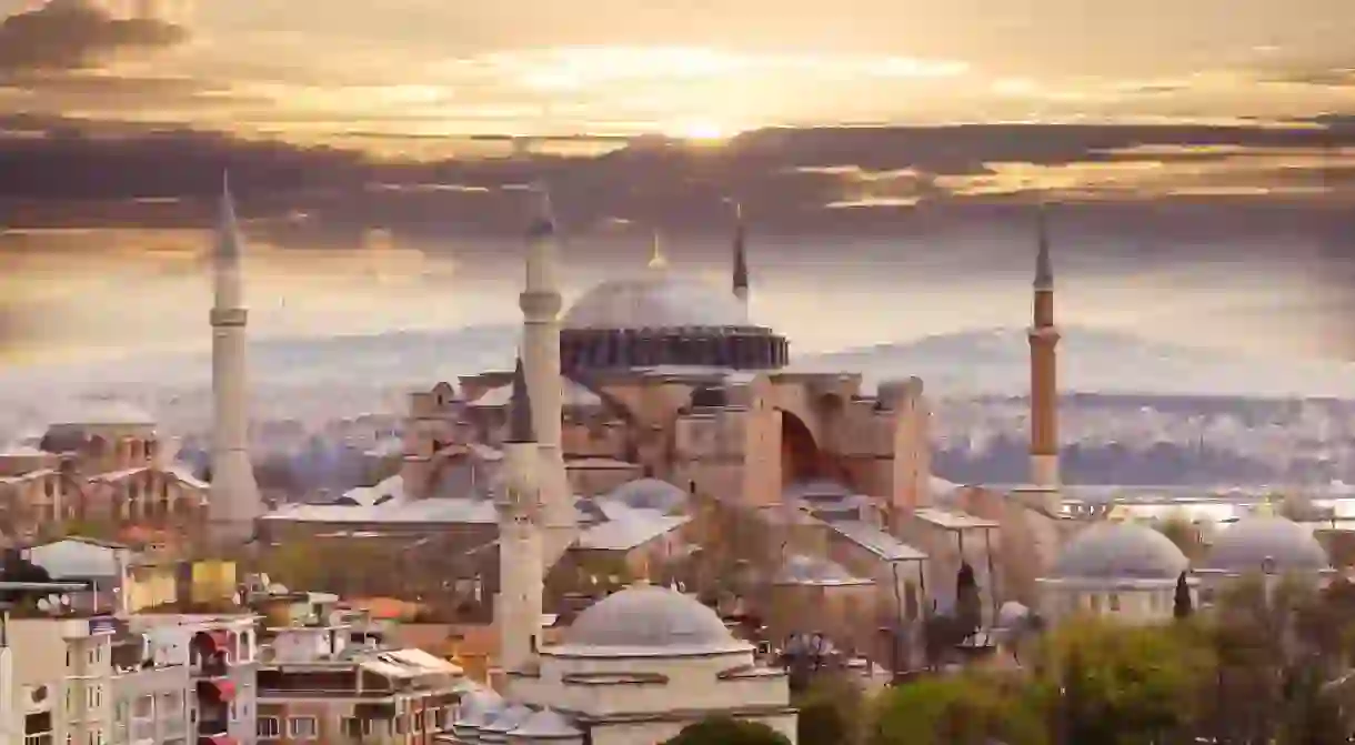 Hagia Sophia in Istanbul. The world famous monument of Byzantine architecture. View of the St. Sophia Cathedral at sunset