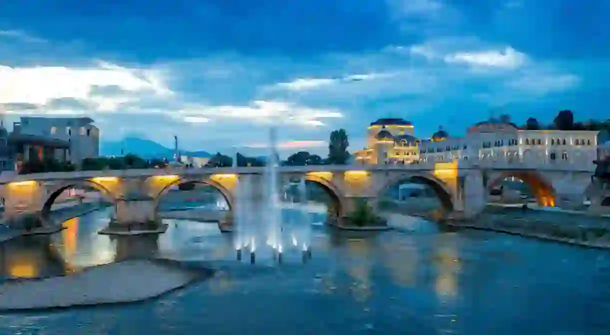 Stone bridge from Oko bridge in Skopje in the evening