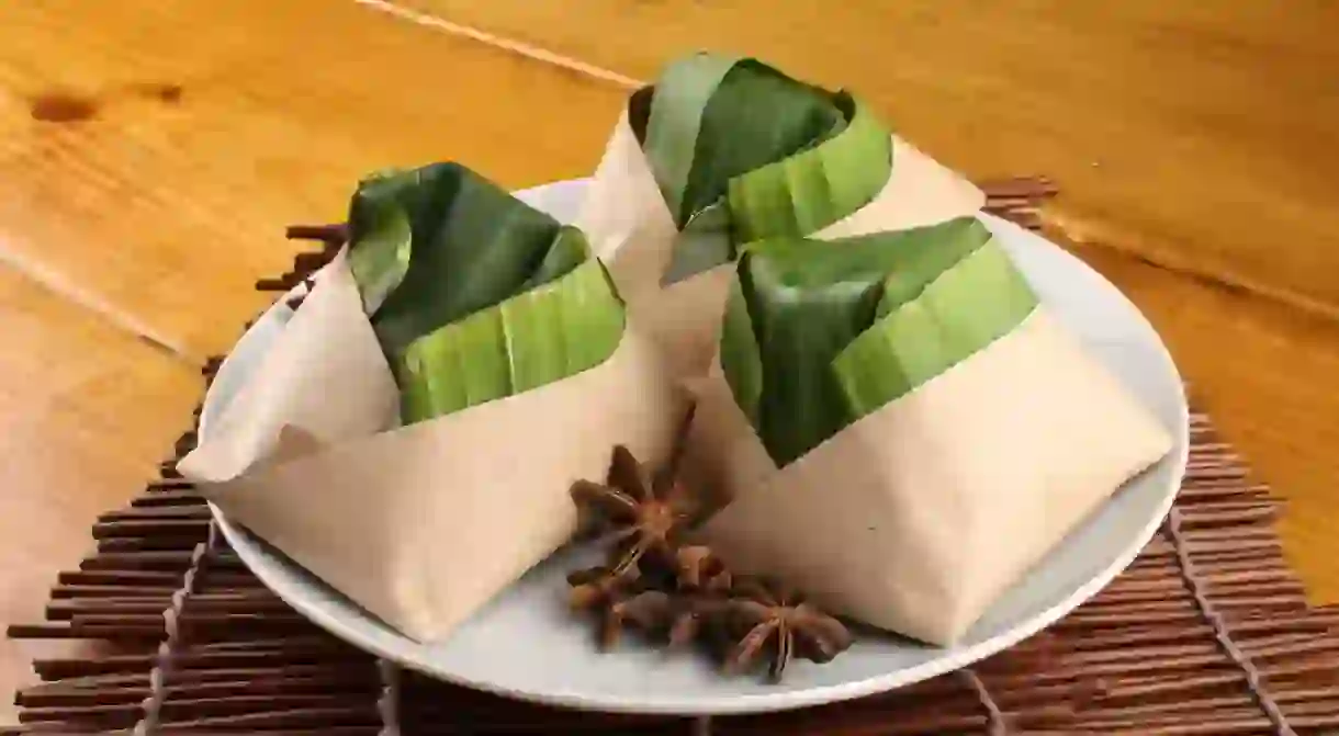 Malaysian nasi lemak packed with banana leaf