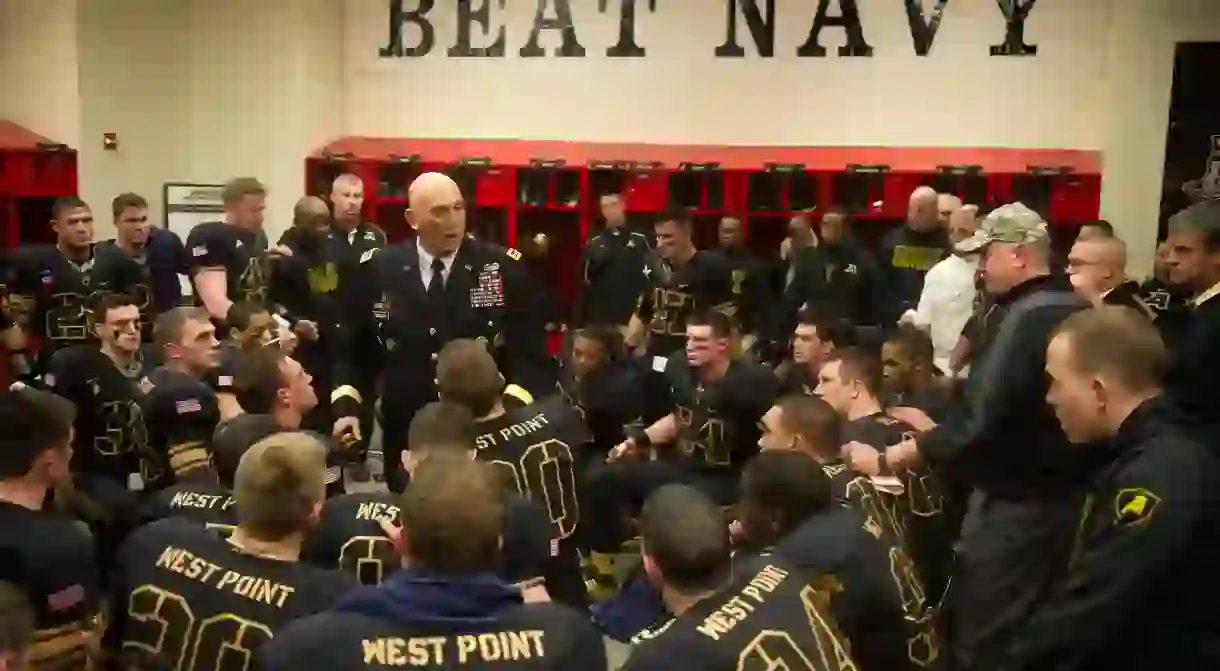 U.S. Army Chief of Staff Gen. Raymond T. Odierno gives an emotional locker room speech to Army Black Knights football players.