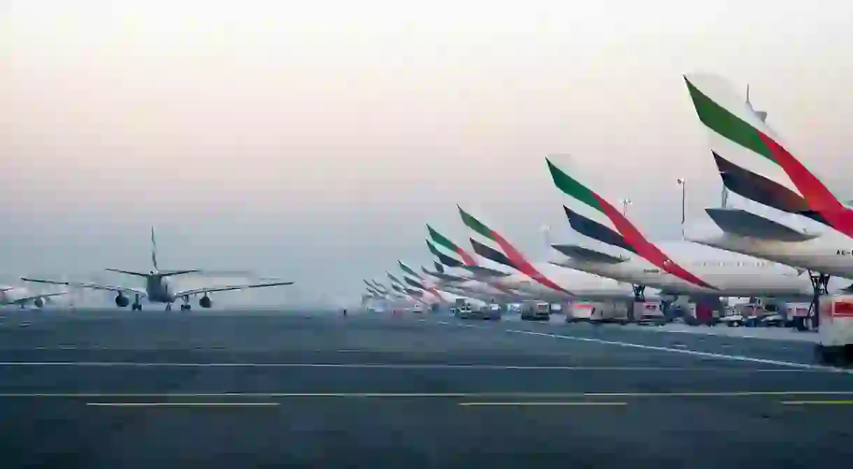 Emirates tails at the Dubai International Airport