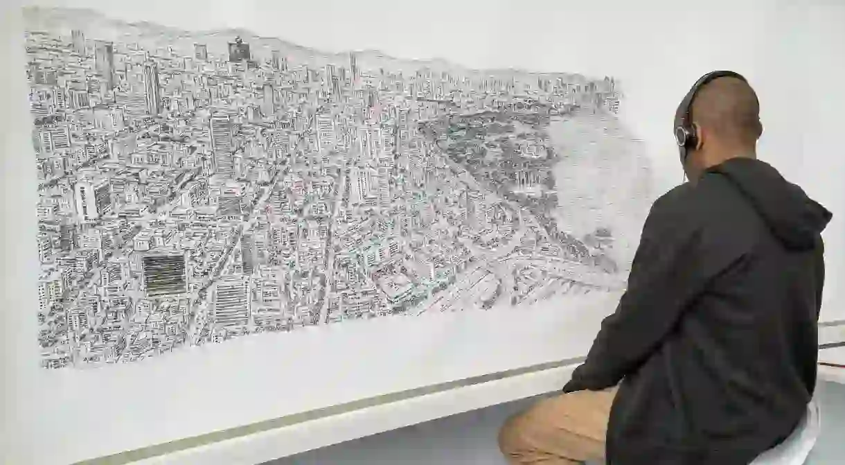 Stephen Wiltshire working on the Mexico City skyline piece