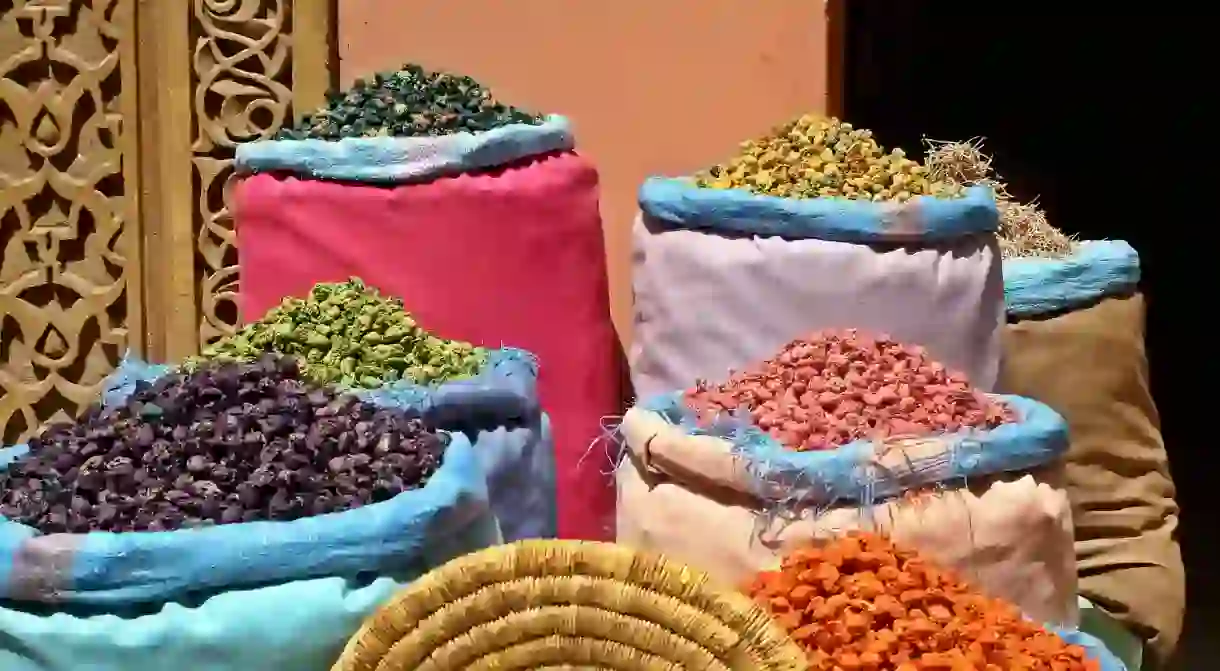 Spices in a Marrakesh souk, an essential ingredient in tanjia