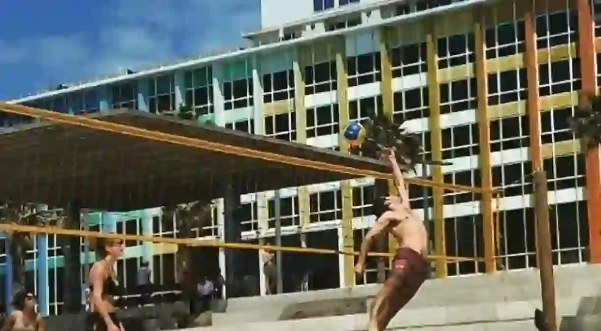 Israelis play volleyball on Tel Avivs beach