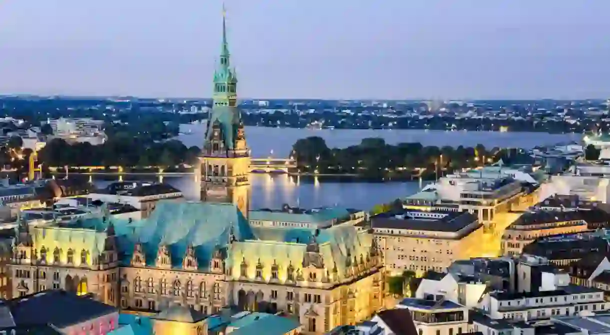 Aerial view of the City Hall of Hamburg, Germany