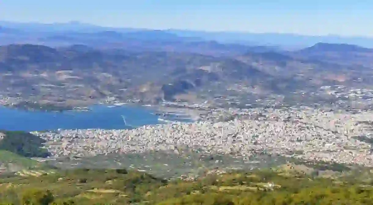 Aerial view of Volos city, the capital of the Magnesia regional unit. View from Pelion mountain