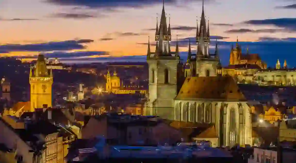 Prague from Powder Tower, with Our Lady before Týn, St. Nicolas, and St. Vitus Cathedral