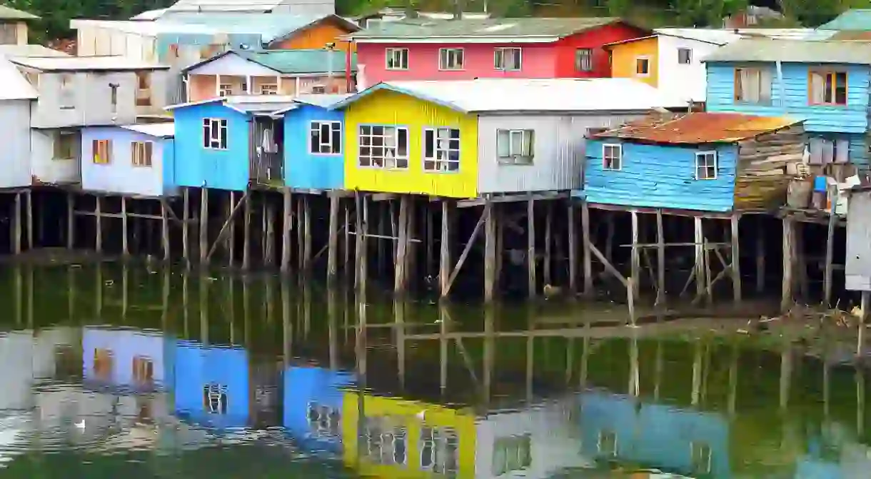 Colourful palafitos in Castro, Chile