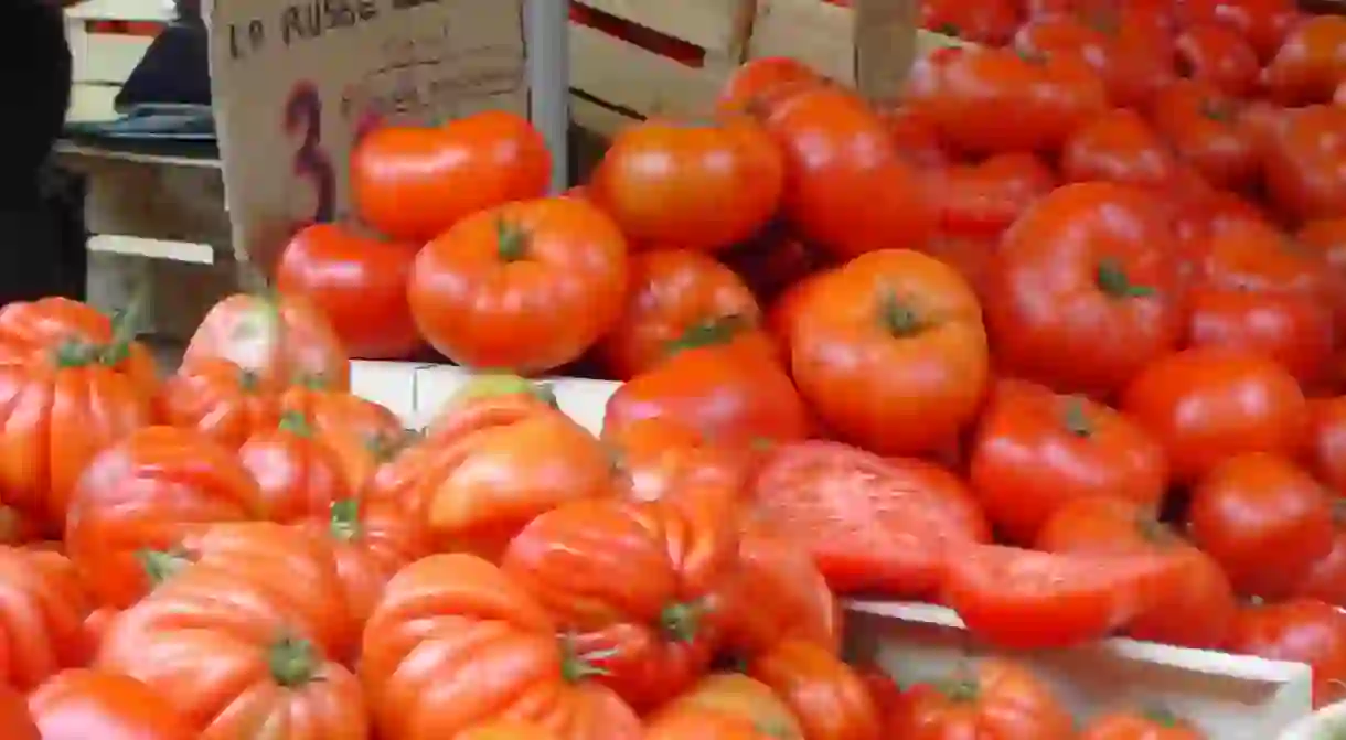 Tomato season at Arles market in Provence