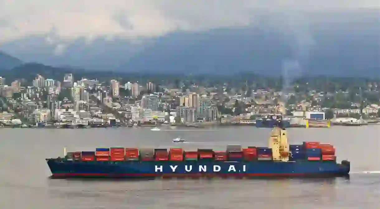 Hyundai container ship at Vancouver harbor