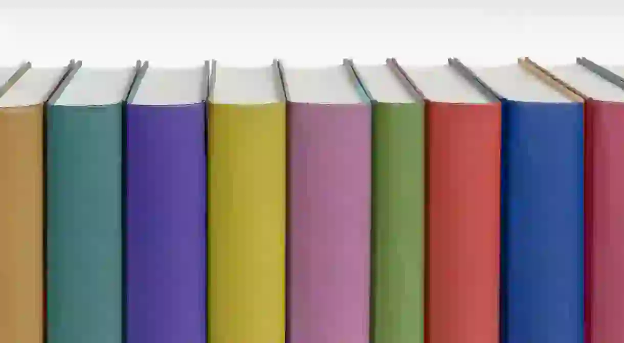 Colourful books on a bookcase