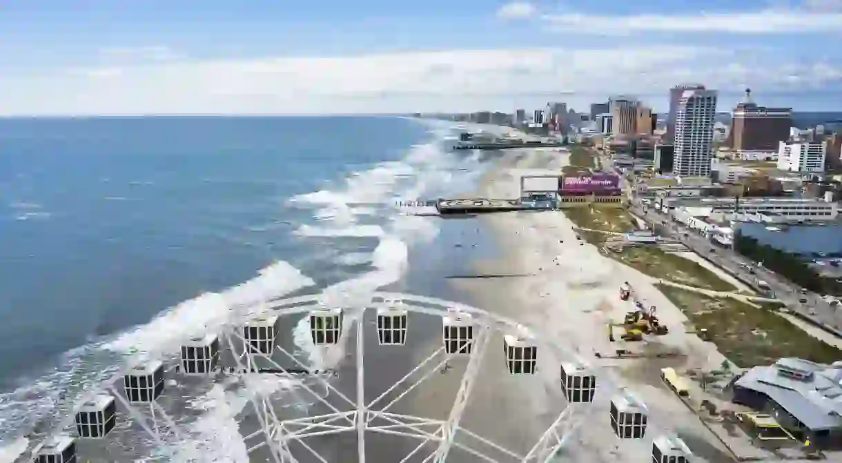 Waterline view of Atlantic City, a tourist city in New Jersey famous for its casinos, boardwalks, and beaches.