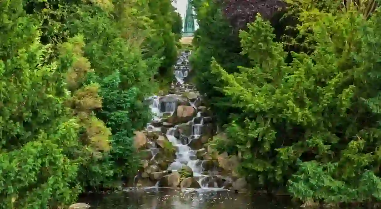 Waterfall in Viktoriapark in city of Berlin, Germany.