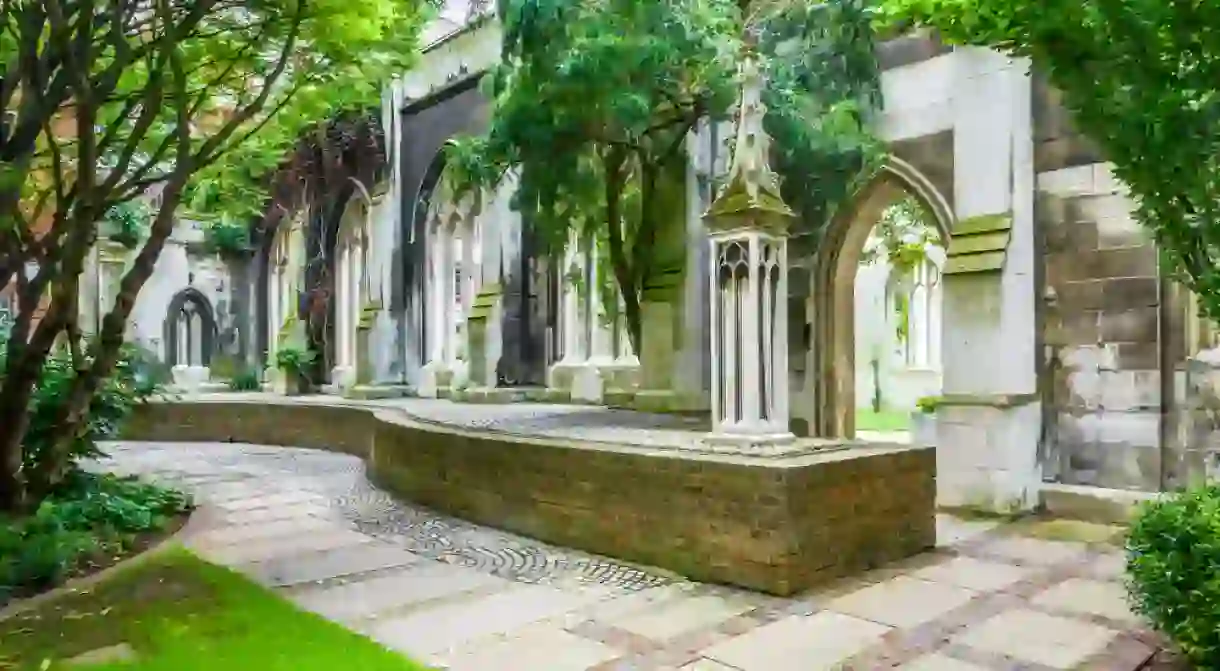 St. Dunstan-in-the-East, a church was largely destroyed in the Second World War and the ruins are now a public garden in London