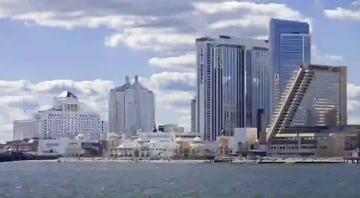 Panoramic ocean view of Atlantic City, New Jersey showing The Showboat, Taj Mahal and Resort Casino .