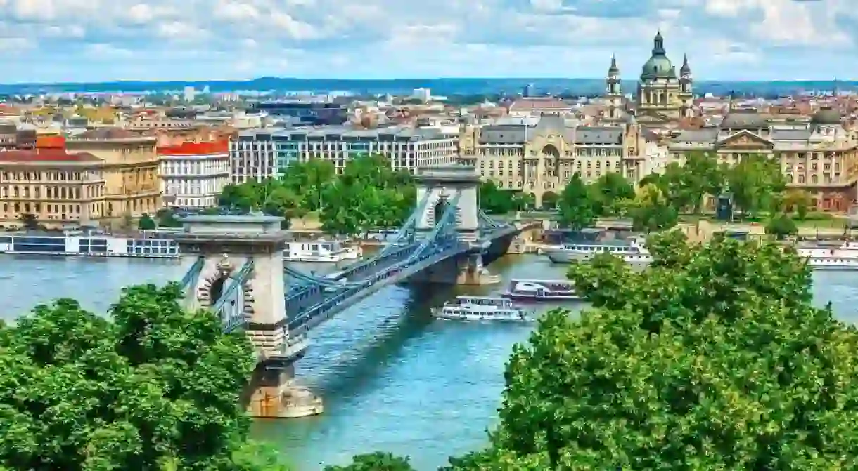 Chain bridge on Danube river in Budapest, Hungary