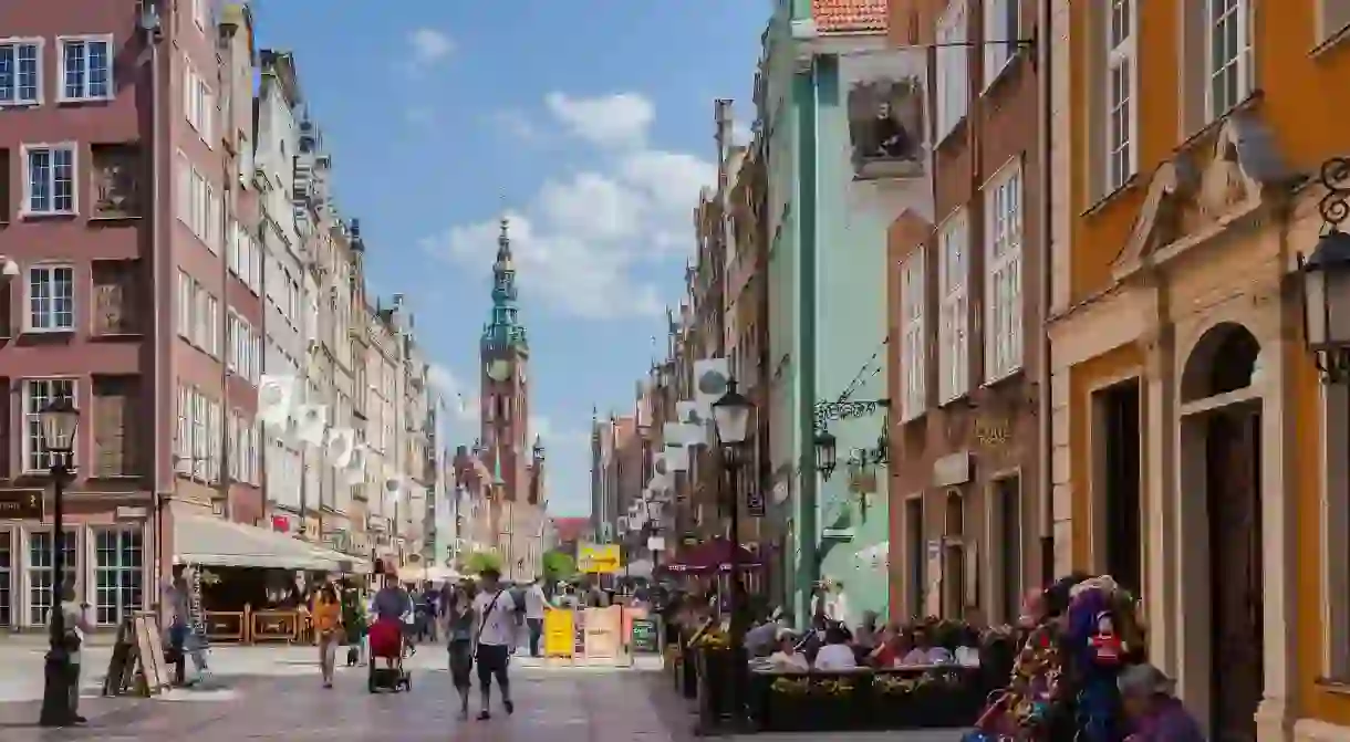 Scene in Długa Street with the Main Town Hall in the background, Gdansk, Poland