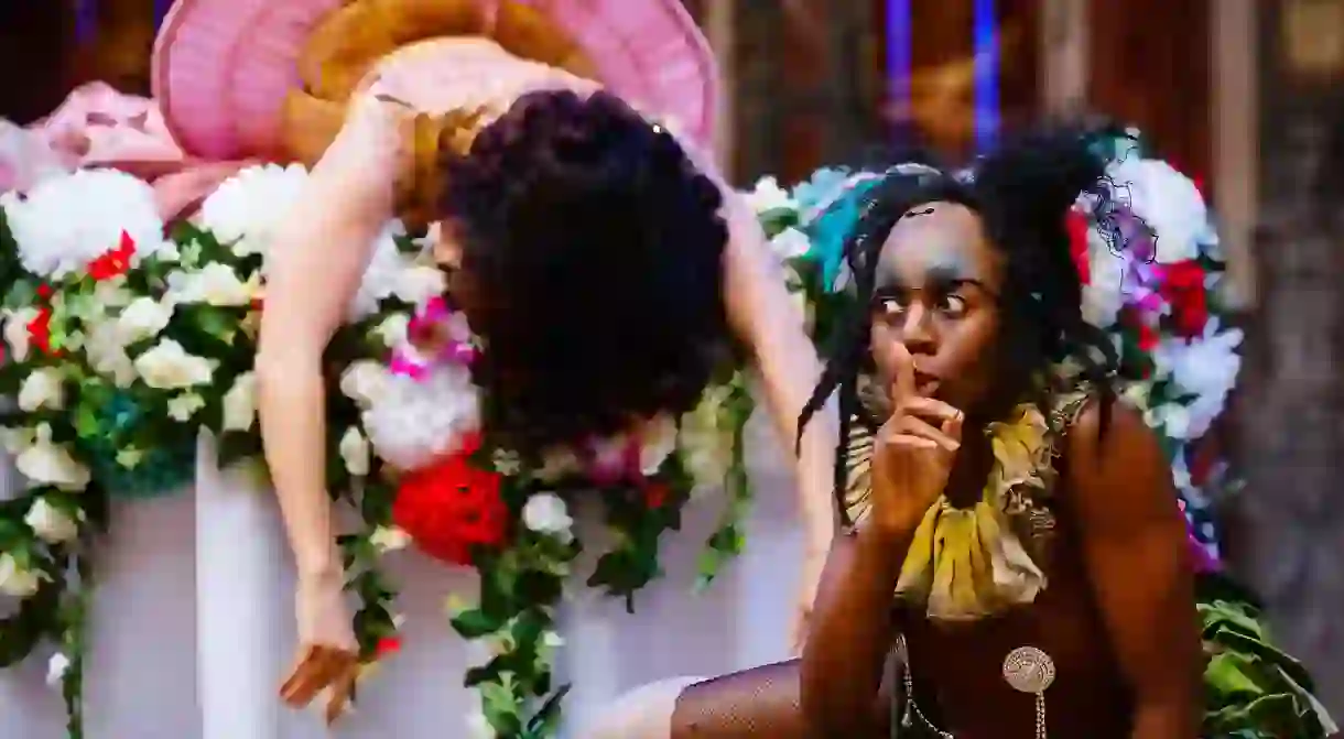 Titania (Meow Meow) and First Fairy (Nandi Bhebhe) in A Midsummer Nights Dream, directed by Emma Rice (2016)