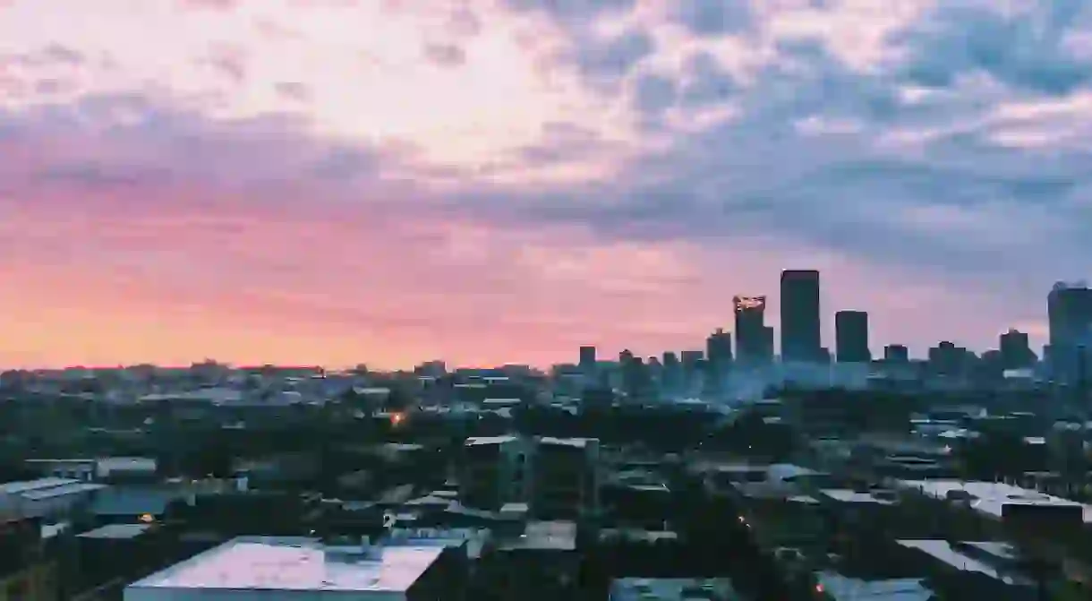 The Johannesburg skyline at sunset taken in the Maboneng neighborhood