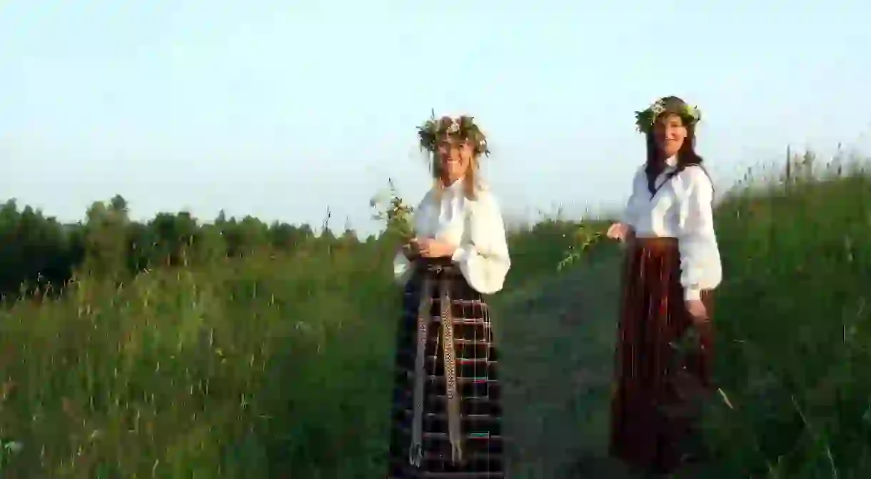 Latvian girls in traditional Midsummer dress