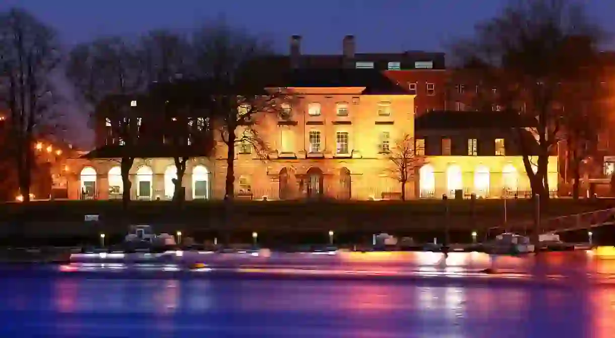 Night time view of the front of the Custom House from Clancys Strand