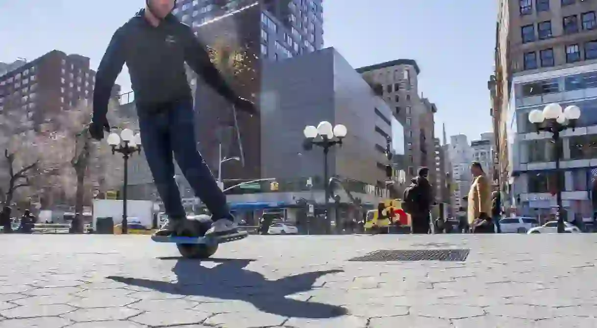 OneWheel CEO and founder Kyle Doerksen riding in Union Square, New York City