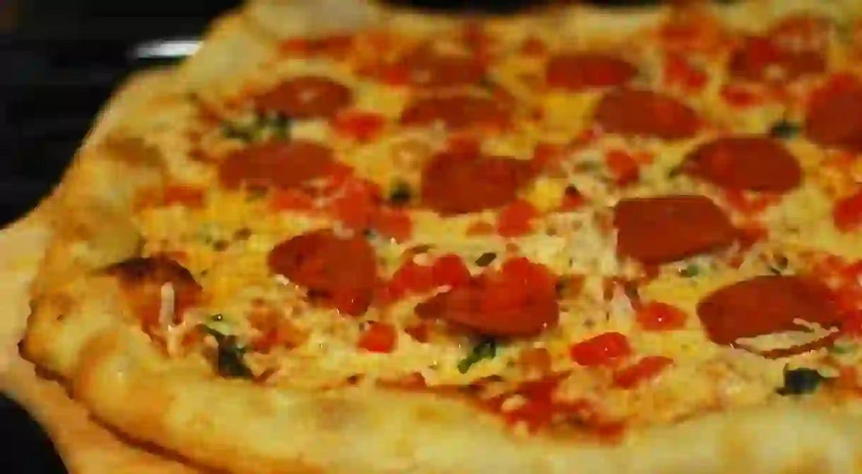 Vegan Pepperoni, Tomato, and Basil Pizza