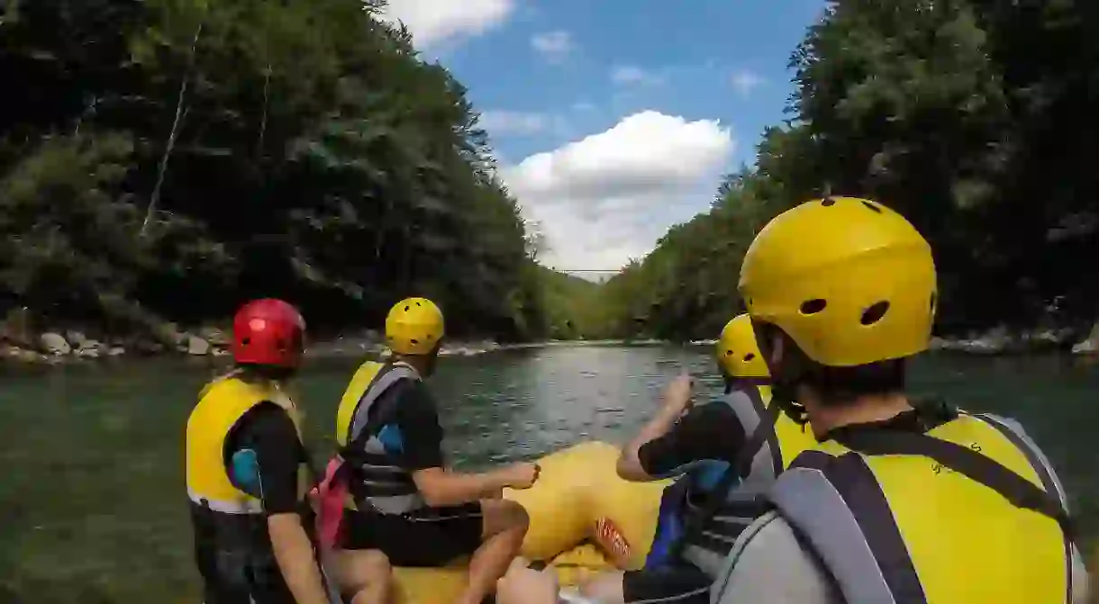 Rafting towards the bridge on the Tara River, Durmitor