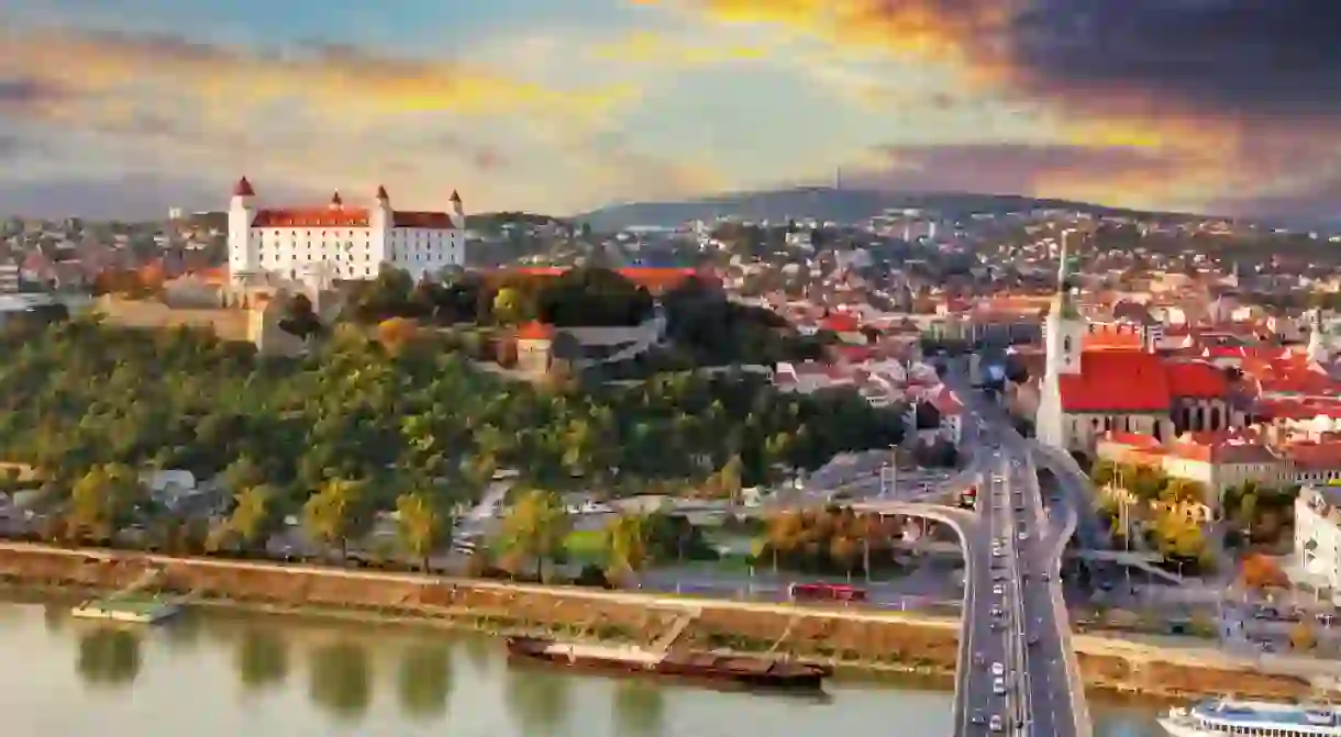 Aerial view of Bratislava, Slovakia, at sunset