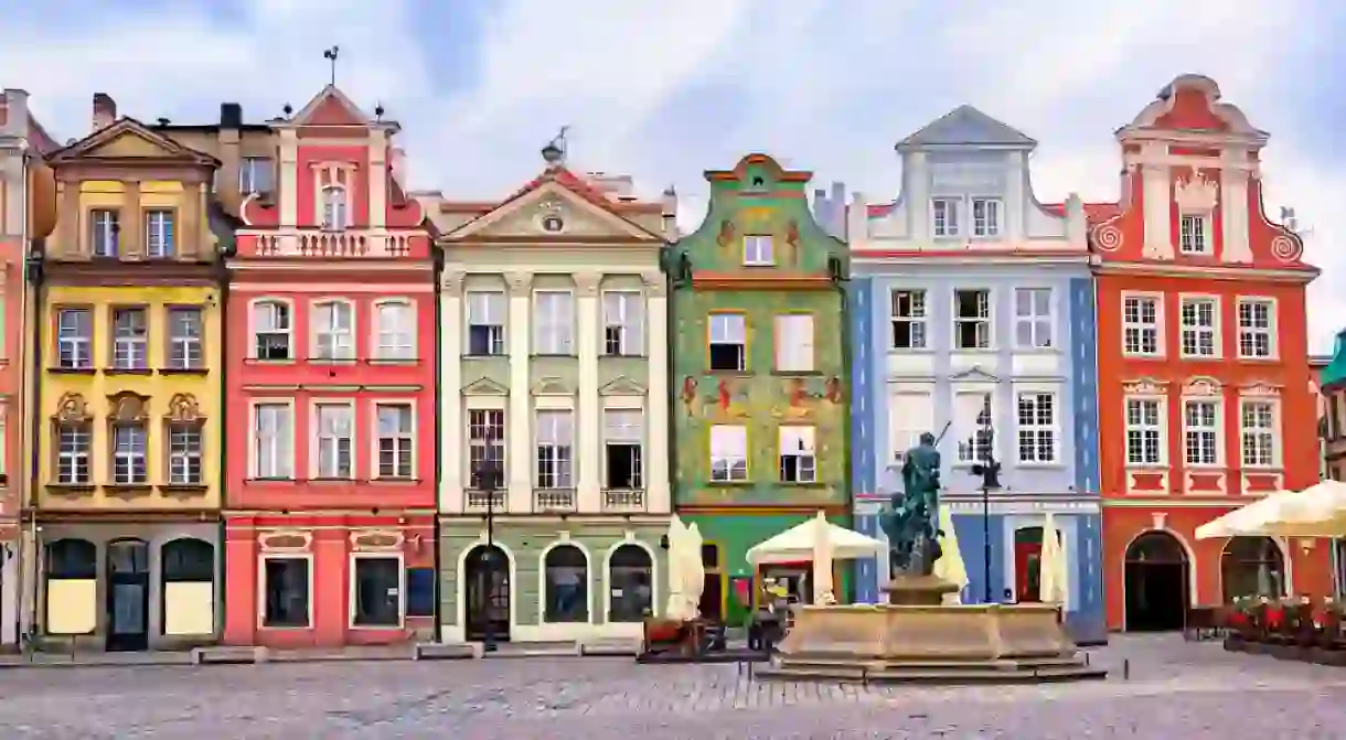 Colorful renaissance facades on the central market square in Poznań, Poland