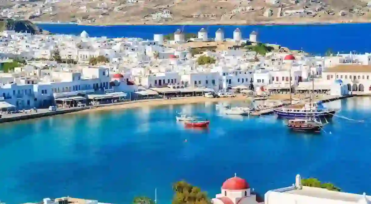 A view of Mykonos port with boats, Cyclades islands, Greece