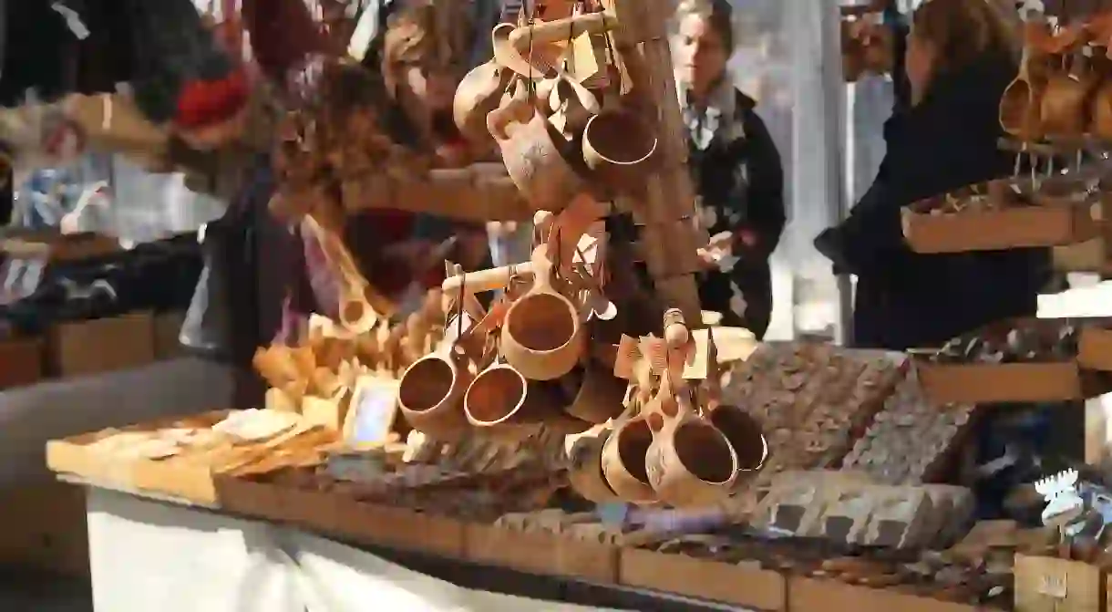 A market stand selling Finnish souvenirs