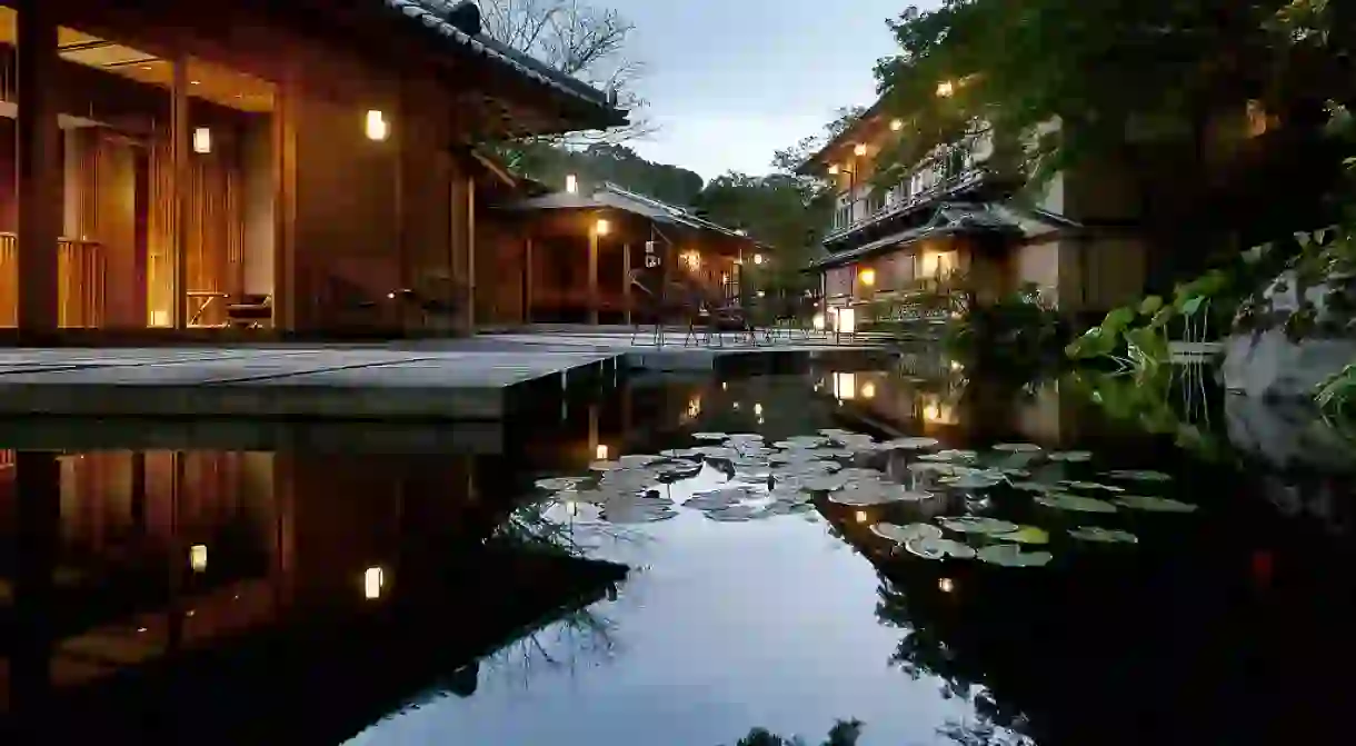 Modern Japanese water garden at a ryokan resort in Kyoto